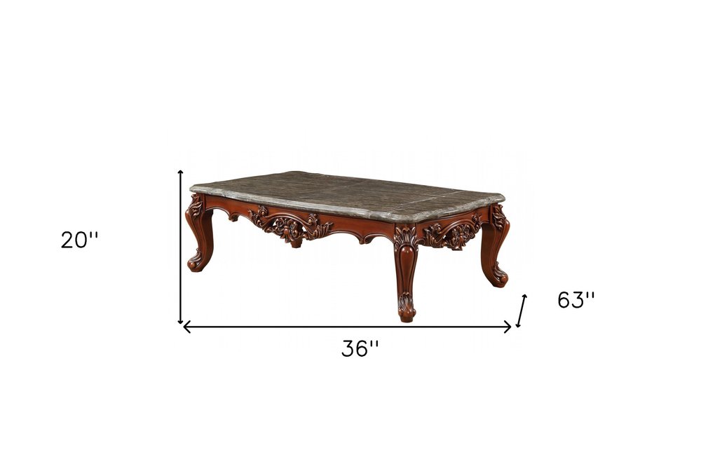 36" Gray and Brown Genuine Marble And Solid Wood Coffee Table