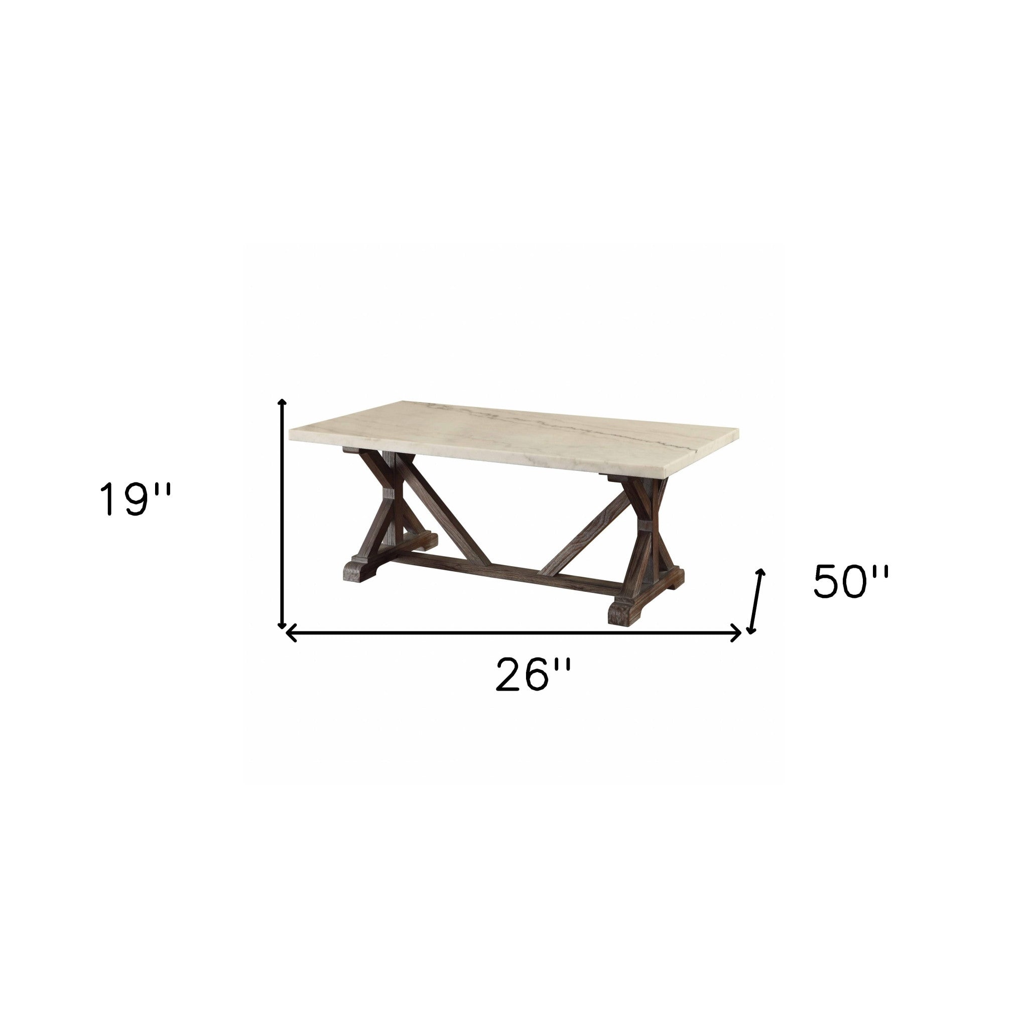 26" Brown And White Faux Marble And Solid Wood Rectangular Coffee Table