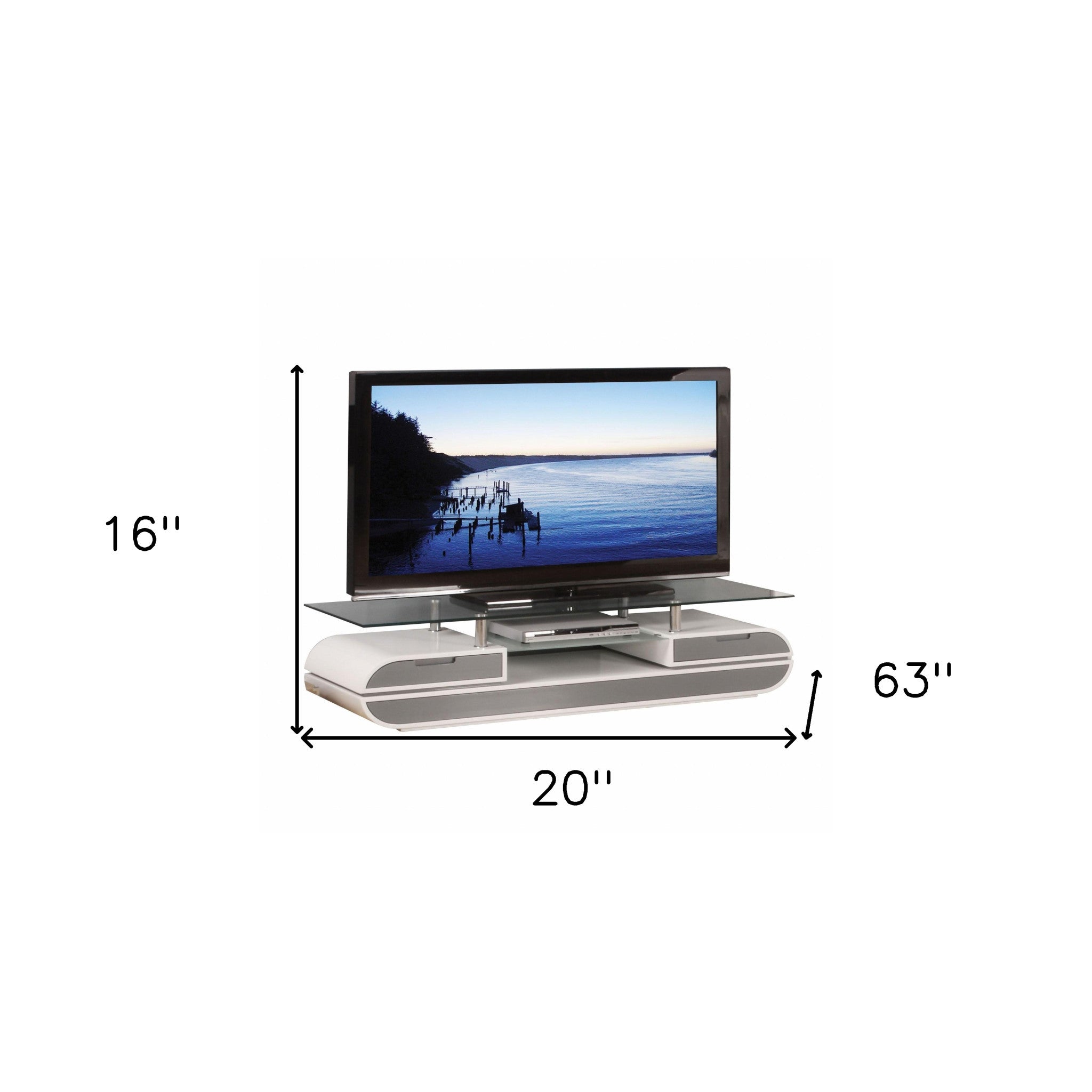 20" X 63" X 16" White Gray Wood Glass Metal Veneer TV Stand