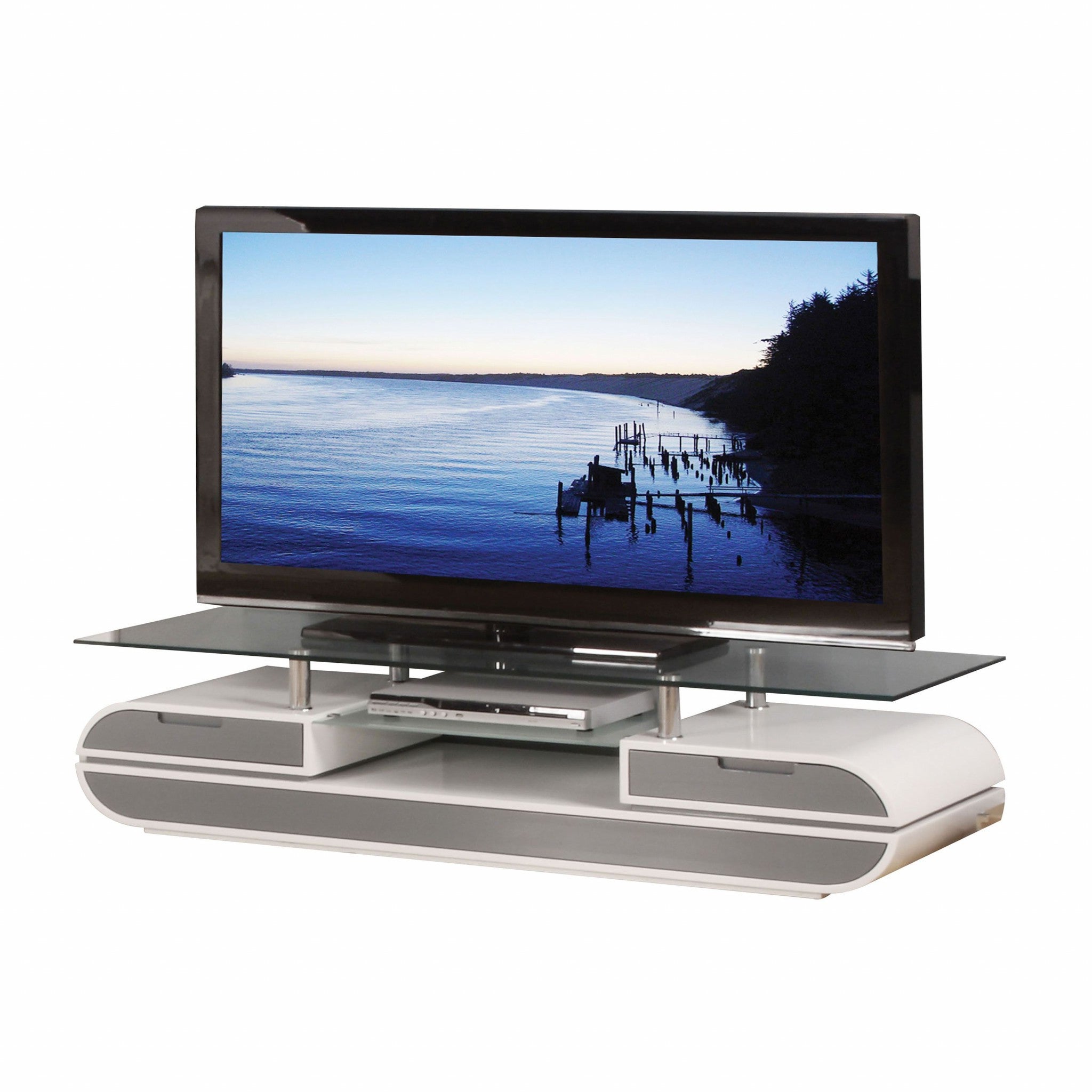 20" X 63" X 16" White Gray Wood Glass Metal Veneer TV Stand