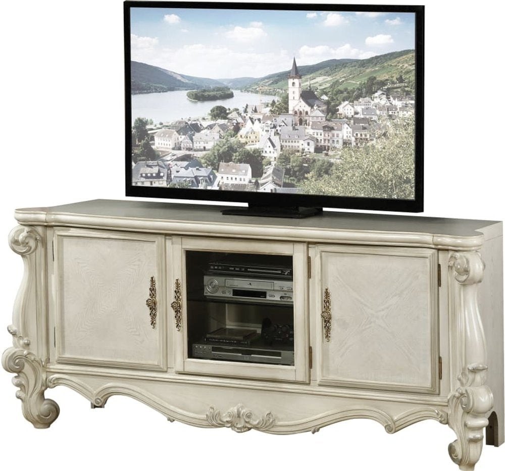 74" Off White Carved Scrollwork Glass And Solid and Manufactured Wood Enclosed and Open Storage Entertainment Center