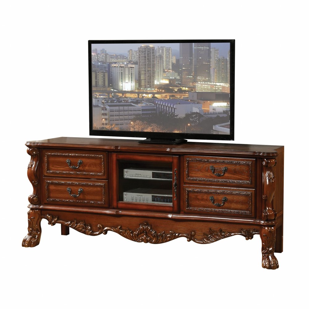 79" Brown Wood And Glass Carved Scrollwork Entertainment Center