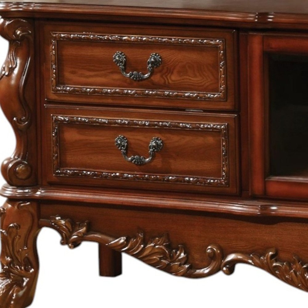 79" Brown Wood And Glass Carved Scrollwork Entertainment Center