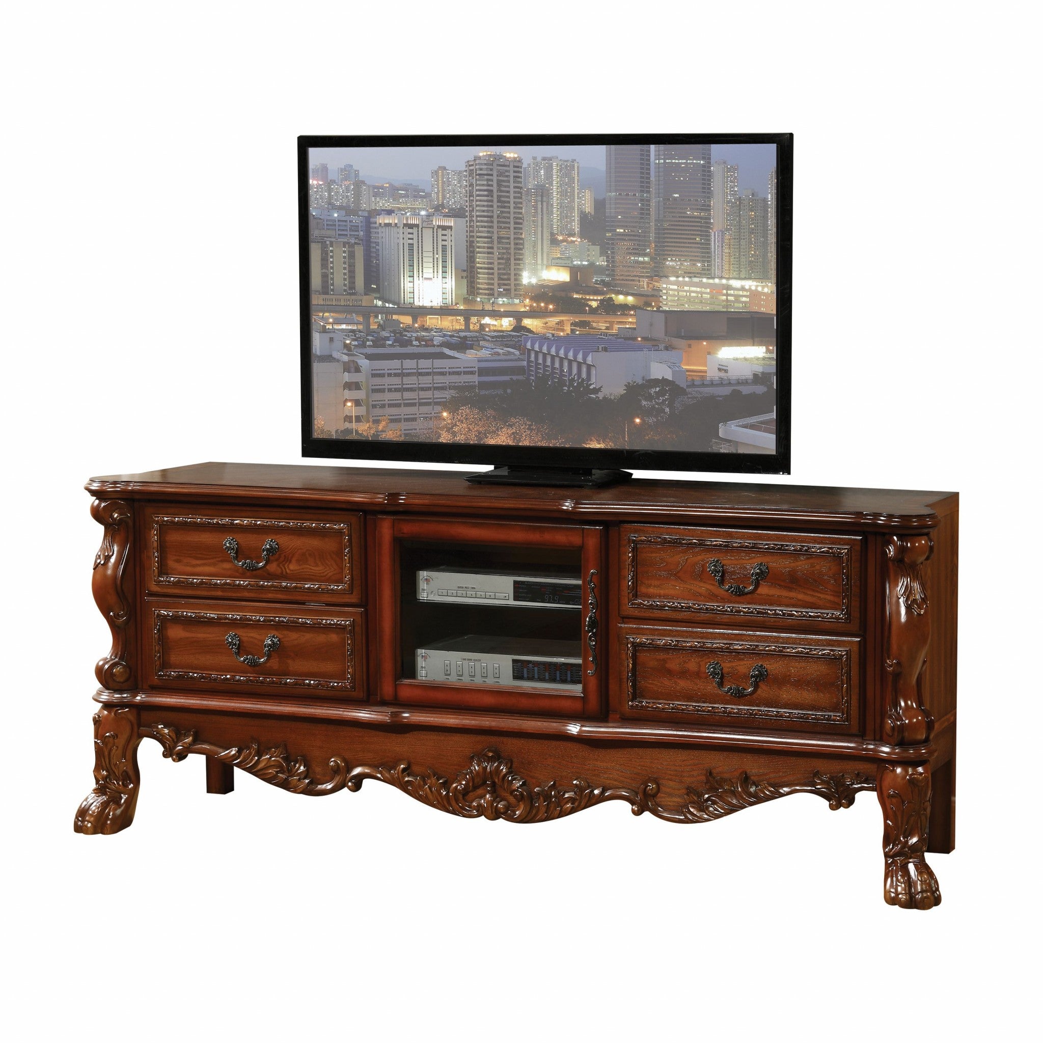 21" X 74" X 31" Antique Platinum Wood Poly Resin Glass Tv Console