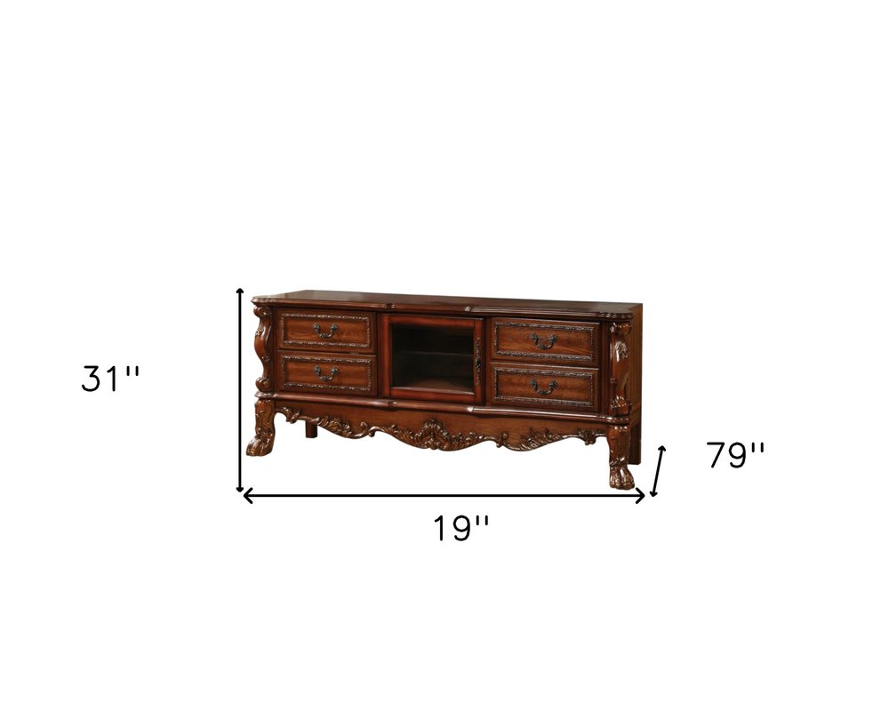 79" Brown Carved Scrollwork Wood And Glass Entertainment Center