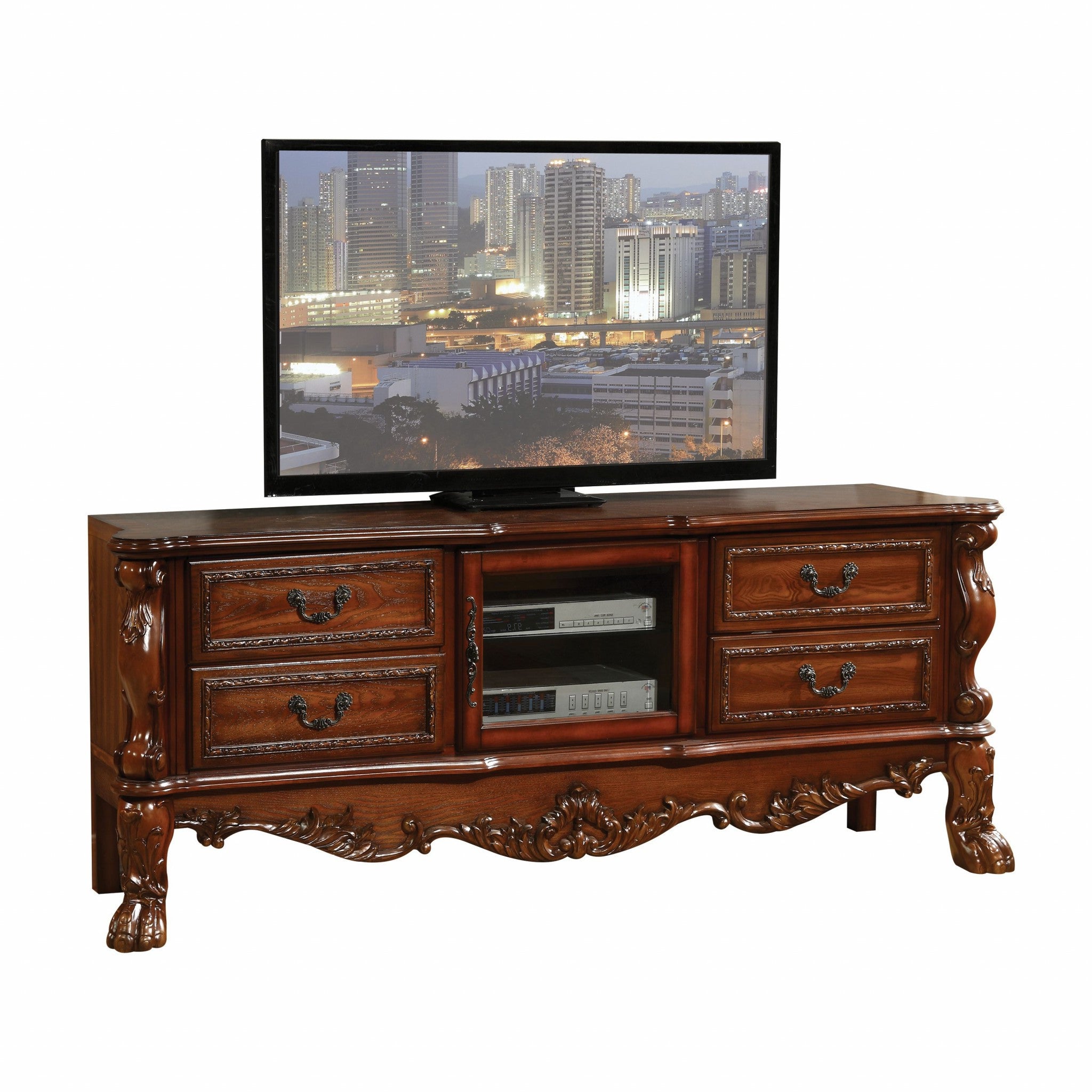 21" X 74" X 31" Antique Platinum Wood Poly Resin Glass Tv Console