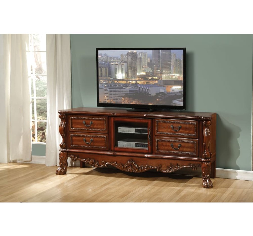 79" Brown Carved Scrollwork Wood And Glass Entertainment Center