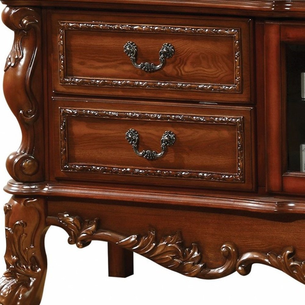 79" Brown Wood And Glass Carved Scrollwork Entertainment Center