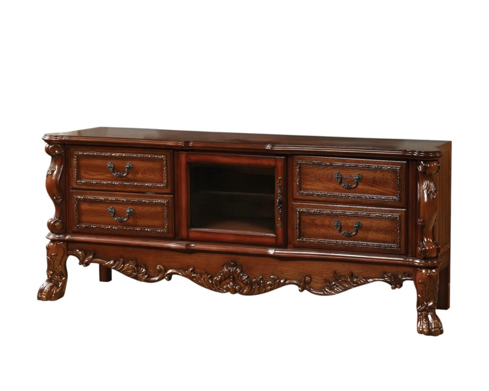 79" Brown Carved Scrollwork Wood And Glass Entertainment Center