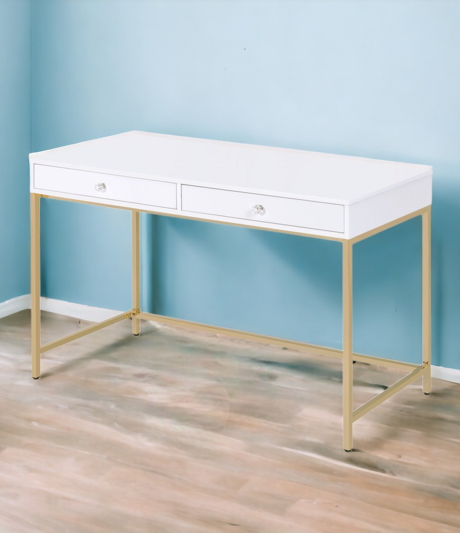 47" White and Gold Computer Desk With Two Drawers