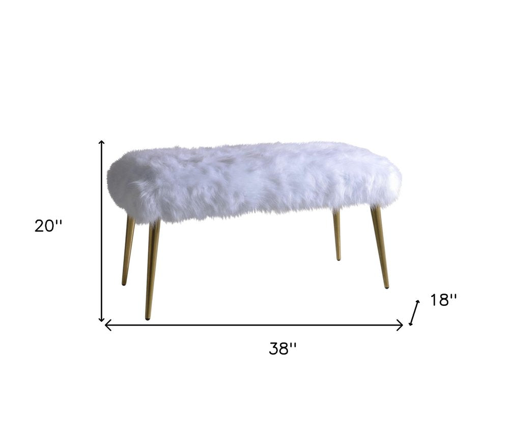 18" White and Gold Faux Fur And Metal Bench