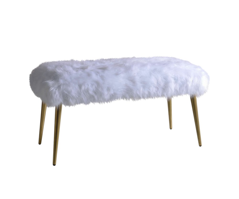 18" White and Gold Faux Fur And Metal Bench