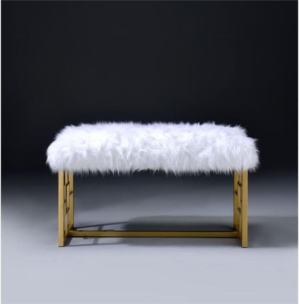 18" White and Gold Faux Fur And Metal Bench