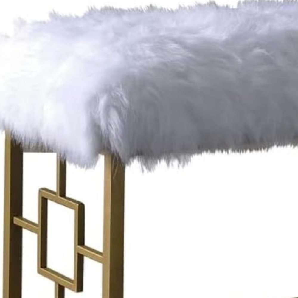 18" White and Gold Faux Fur And Metal Bench