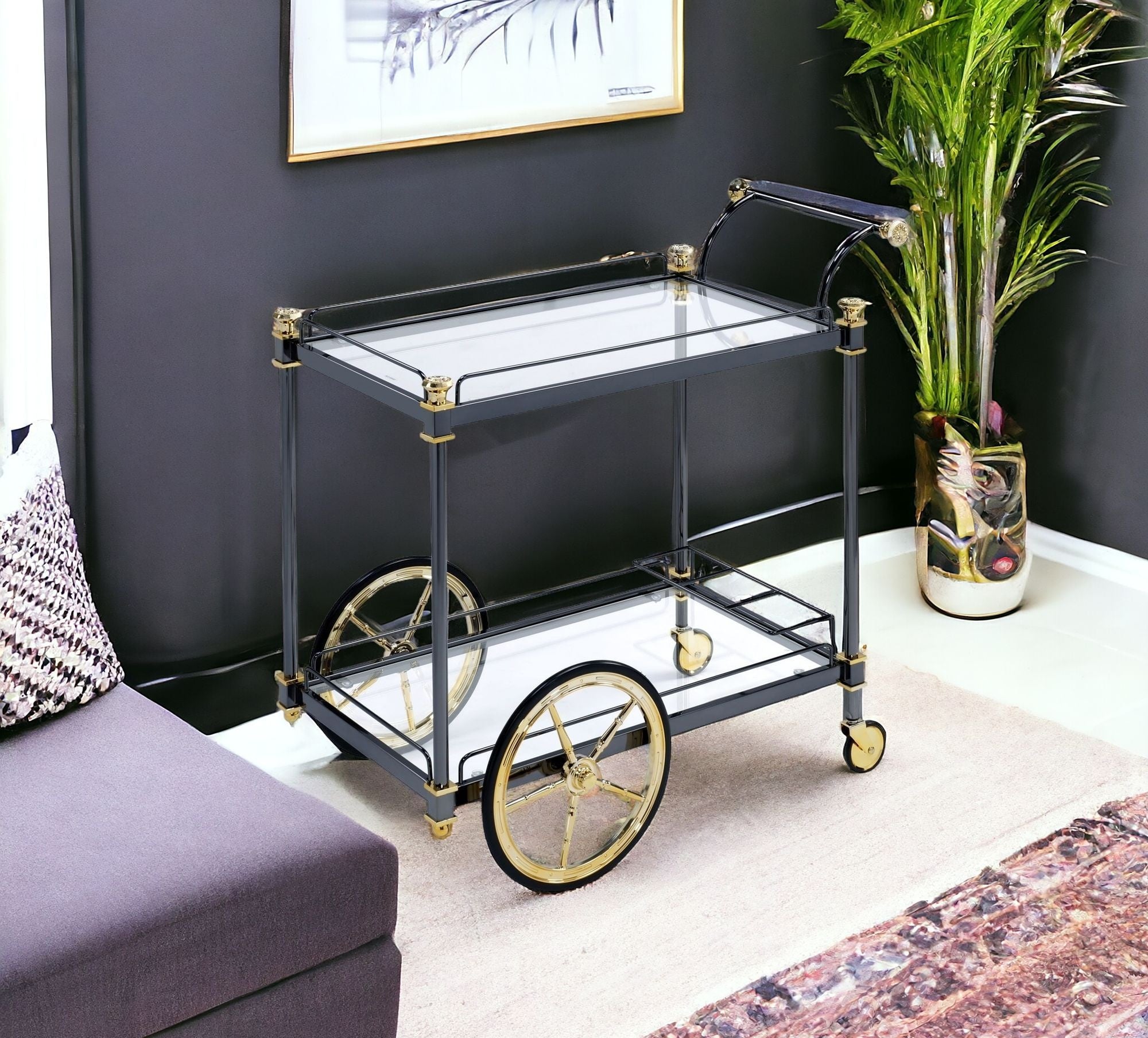 20" X 31" X 31" Silver Gold Clear Glass Metal Casters Serving Cart