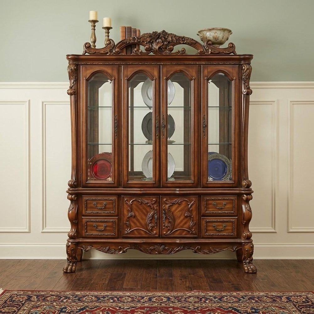 19" X 74" X 89" Cherry Oak Wood Poly Resin Glass Hutch  Buffet