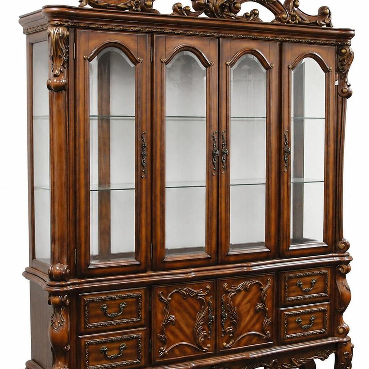 19" X 74" X 89" Cherry Oak Wood Poly Resin Glass Hutch  Buffet