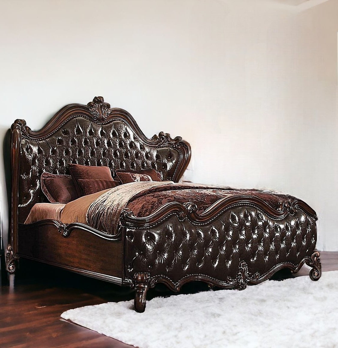 88" X 101" X 76" 2-Tone Dark Brown Pu Cherry Oak Wood Poly Resin Upholstery California King Bed