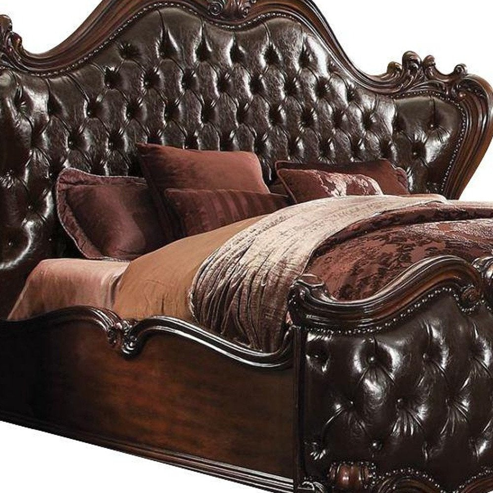 Dark Brown and Espresso Carved Scrollwork Solid Wood And Tufted Faux Leather King Bed Frame With Nailhead Trim