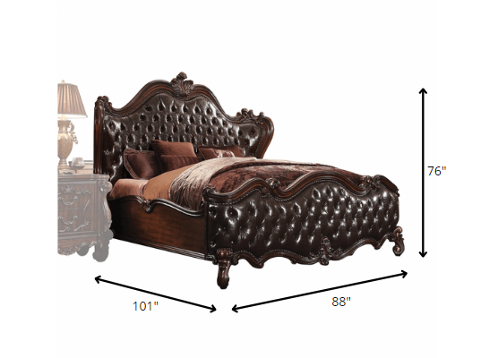 Dark Brown and Espresso Carved Scrollwork Solid Wood And Tufted Faux Leather King Bed Frame With Nailhead Trim