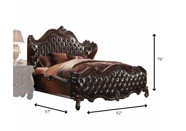 Dark Brown and Espresso Carved Scrollwork Solid Wood And Tufted Faux Leather King Bed Frame With Nailhead Trim