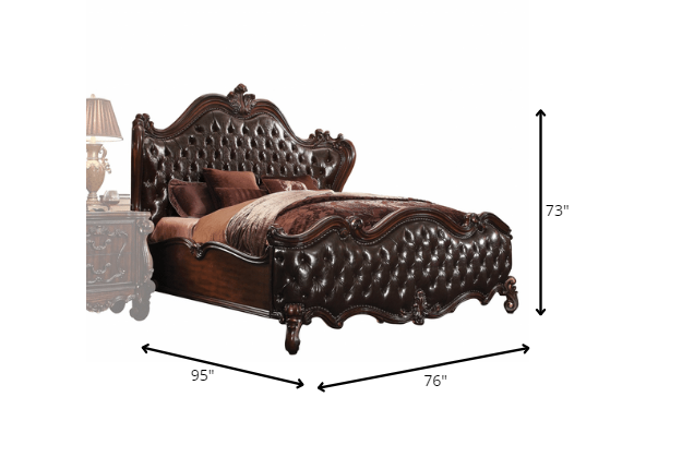 Dark Brown and Espresso Carved Scrollwork Solid Wood And Tufted Faux Leather King Bed Frame With Nailhead Trim
