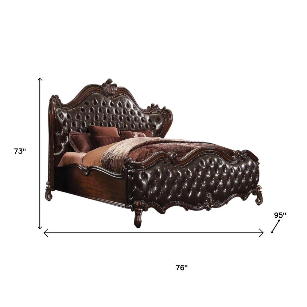 Dark Brown and Espresso Carved Scrollwork Solid Wood And Tufted Faux Leather King Bed Frame With Nailhead Trim