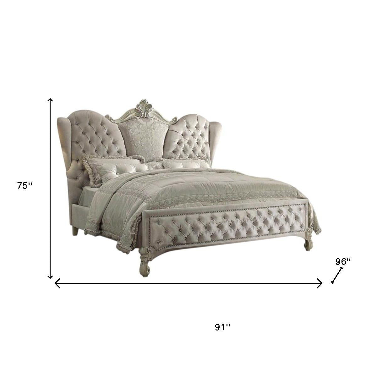 Ivory and White Solid Wood And Tufted Velvet Bed Frame With Nailhead Trim