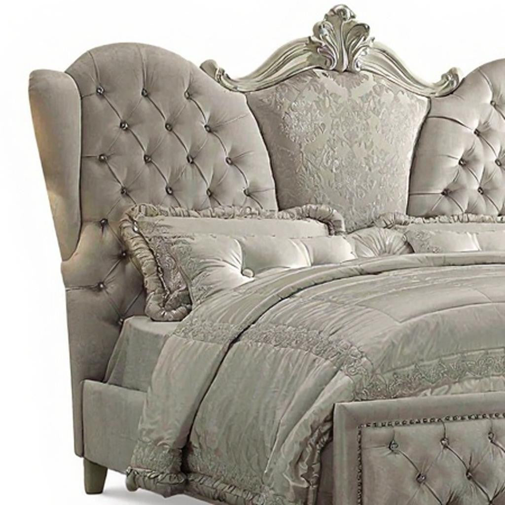 Ivory Solid Wood Queen Tufted Upholstered Velvet Bed Frame with Nailhead Trim