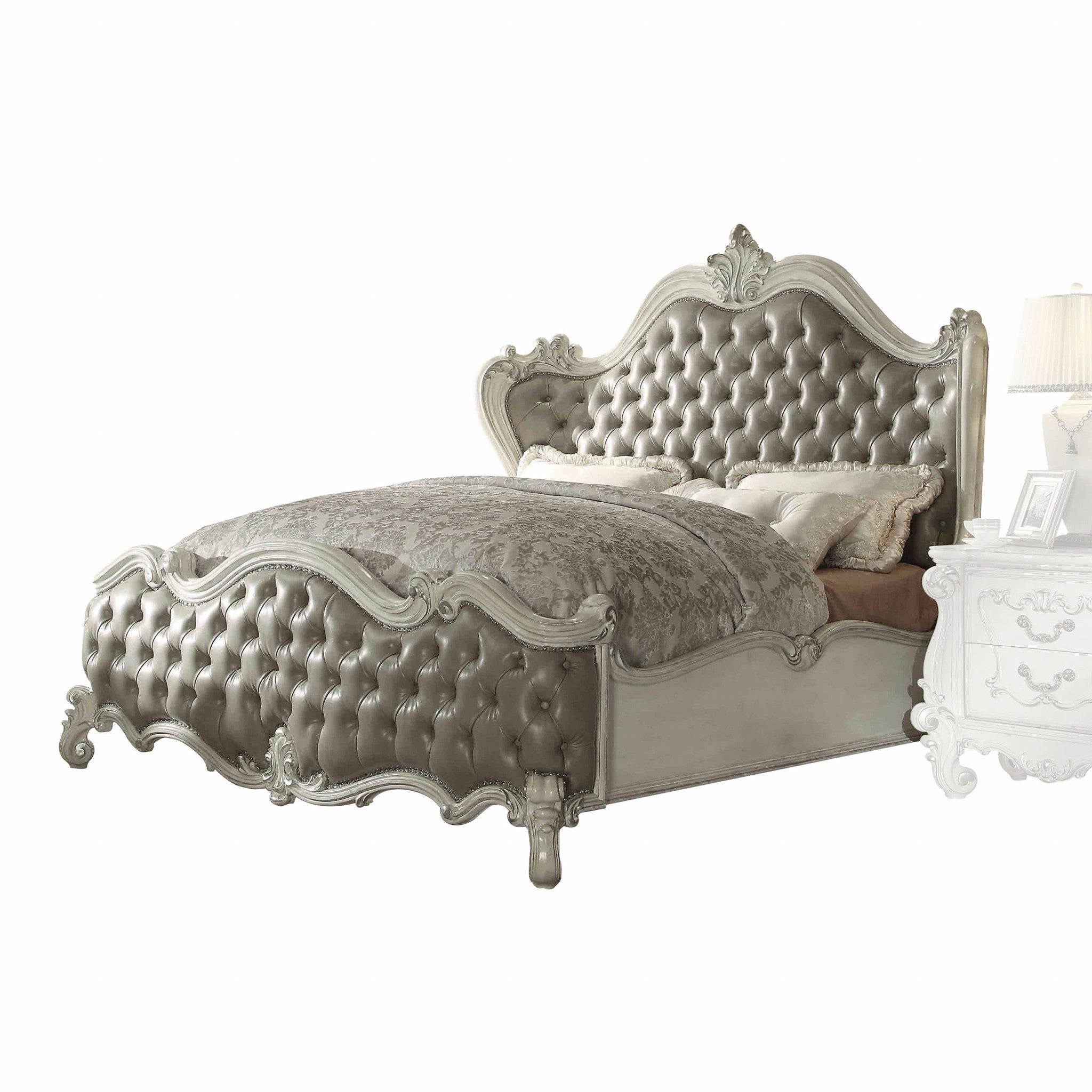 King Tufted Ivory And Gray Upholstered Faux Leather Bed With Nailhead Trim