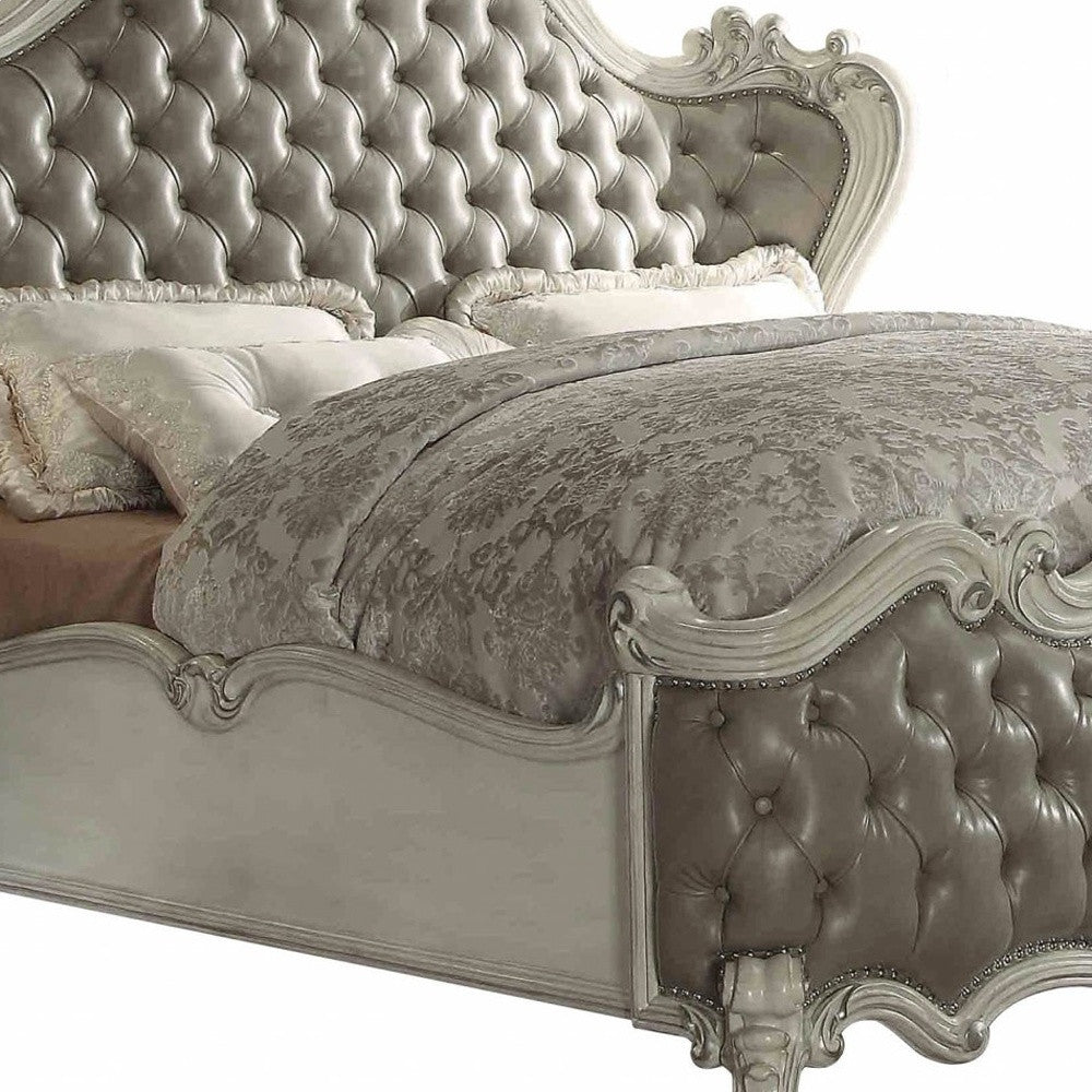 King Tufted Ivory And Gray Upholstered Faux Leather Bed With Nailhead Trim