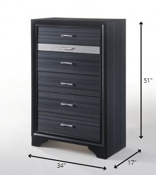 34" Black Solid Wood Six Drawer Chest