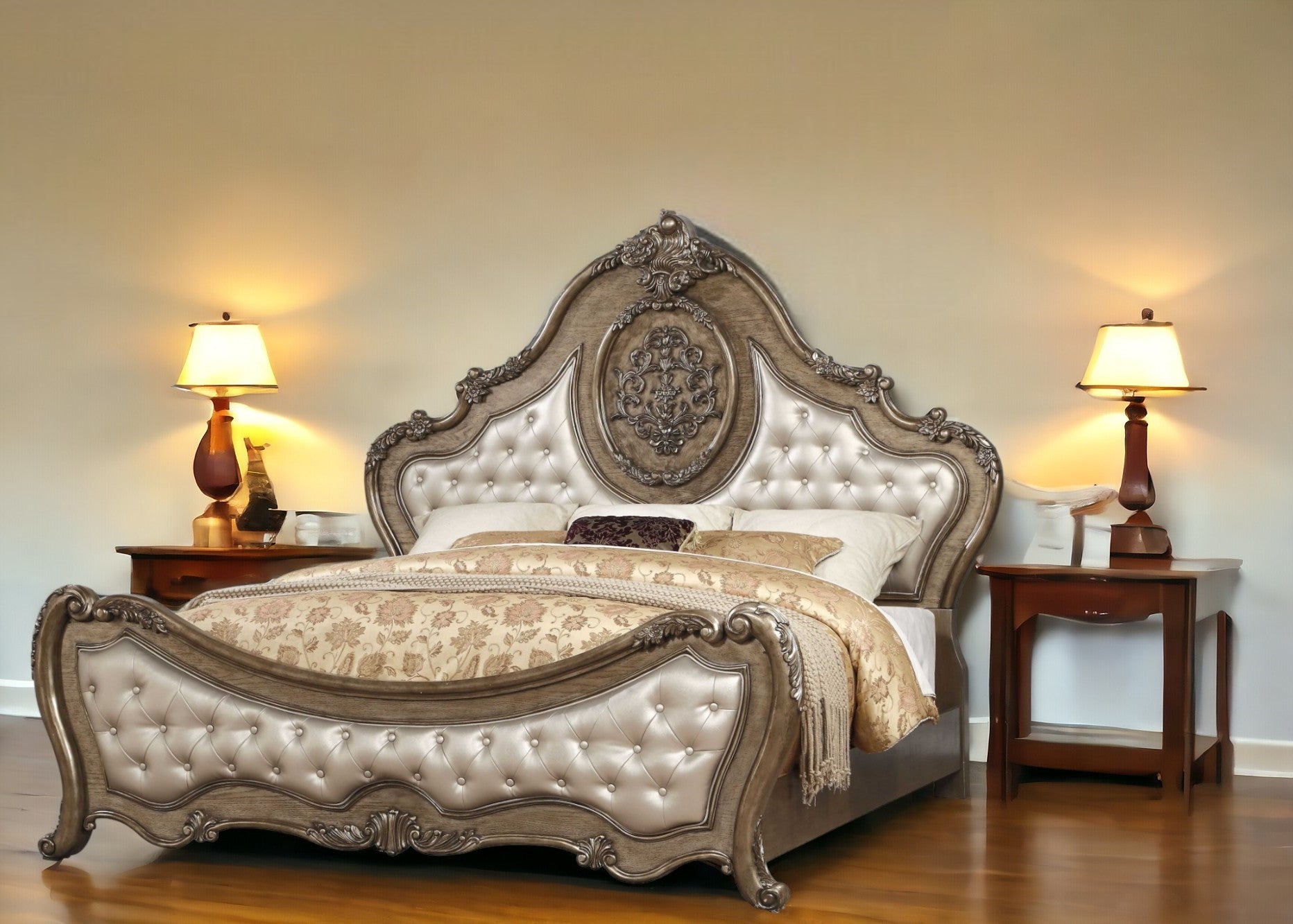 89" X 89" X 76" Pu Vintage Oak Wood Upholstery King Bed