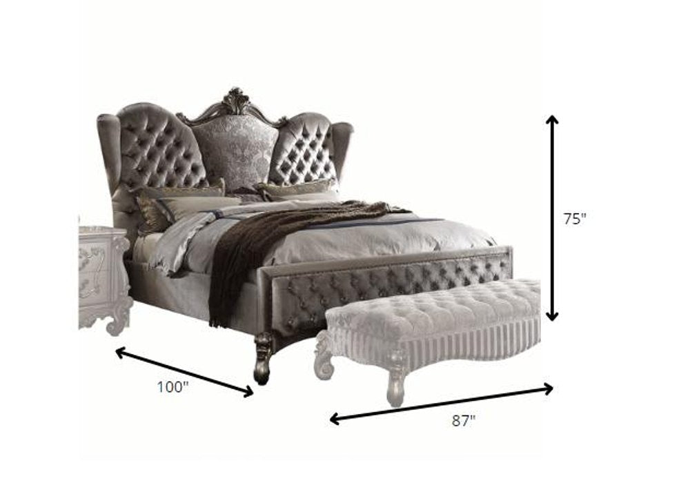 87" X 100" X 75" Velvet Antique Platinum Upholstery Poly Resin California King Bed