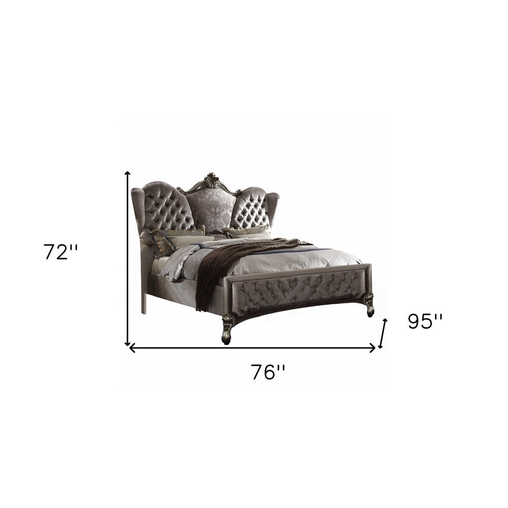Gray Queen Tufted Upholstered Velvet Bed Frame with Nailhead Trim