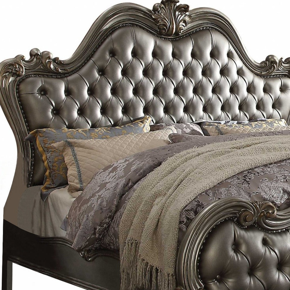 King Tufted Silver Upholstered Faux Leather Bed With Nailhead Trim