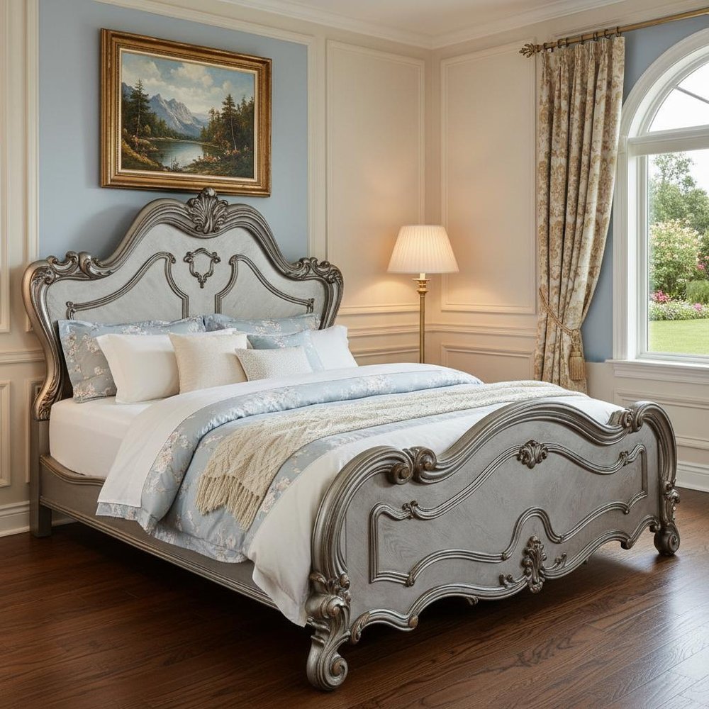 Gray Carved Scrollwork Wood Queen Bed Frame
