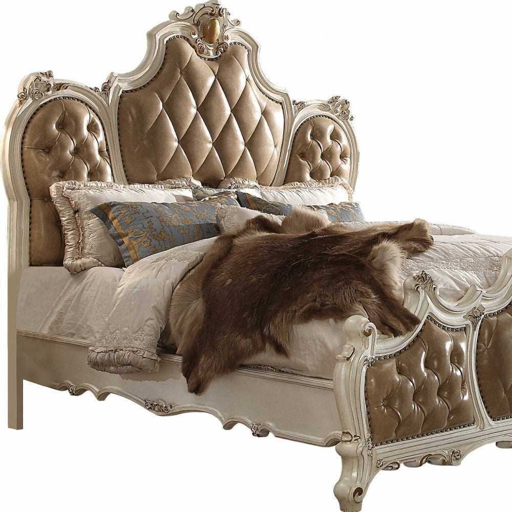 Queen Tufted Beige Upholstered Faux Leather Bed With Nailhead Trim