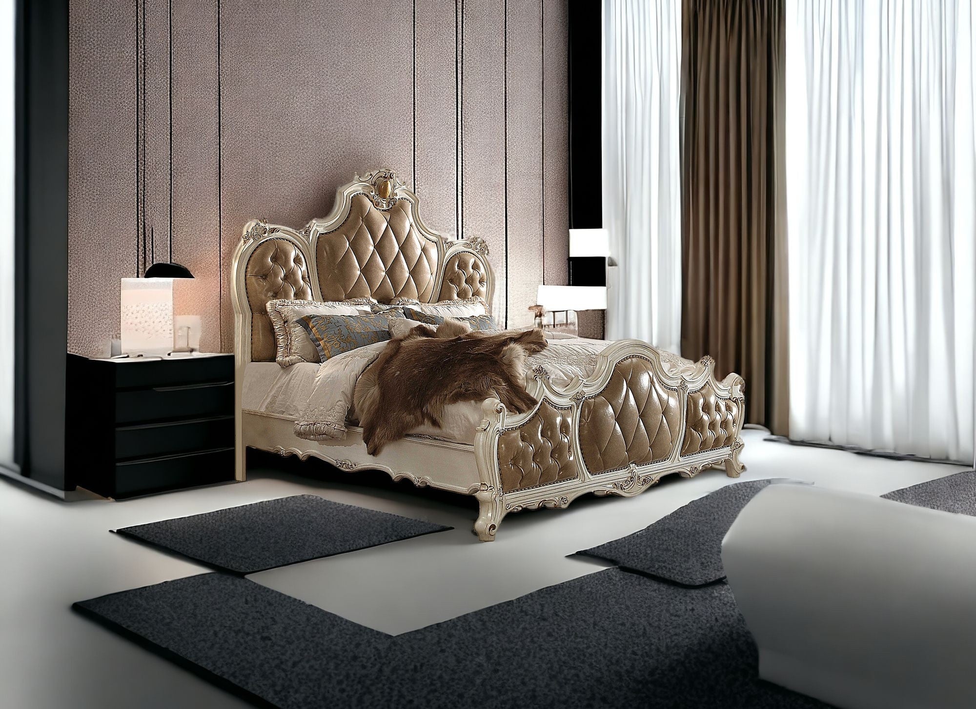 Queen Tufted Beige Upholstered Faux Leather Bed With Nailhead Trim