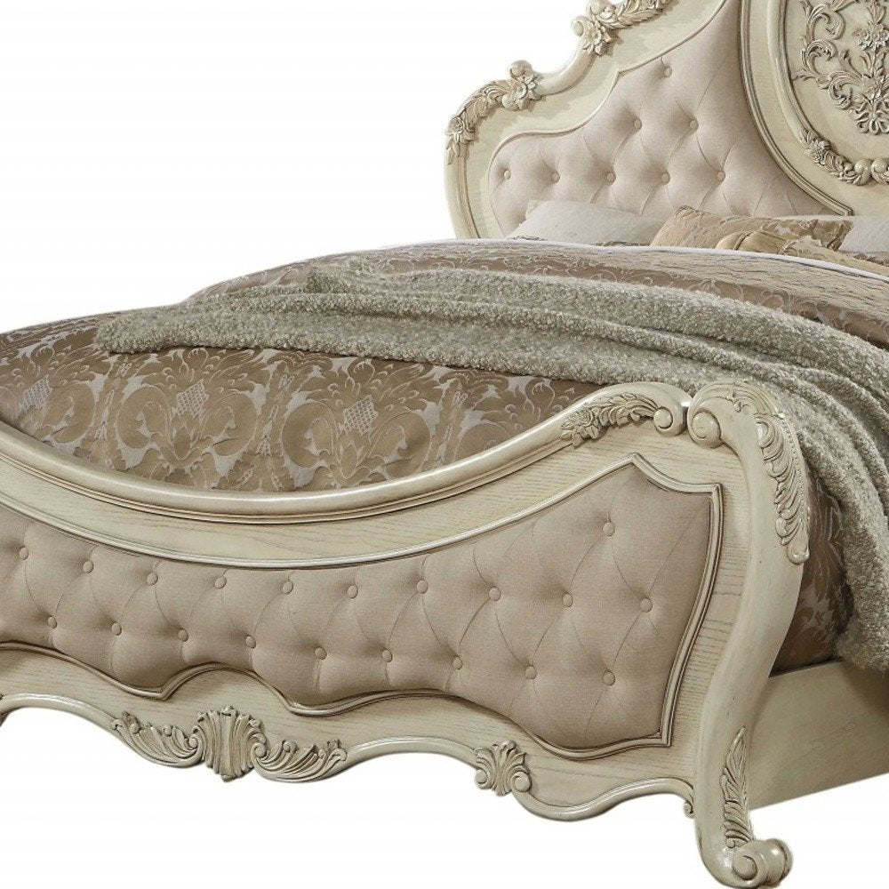 Beige Wood And Tufted Linen Queen Bed Frame With Nailhead Trim