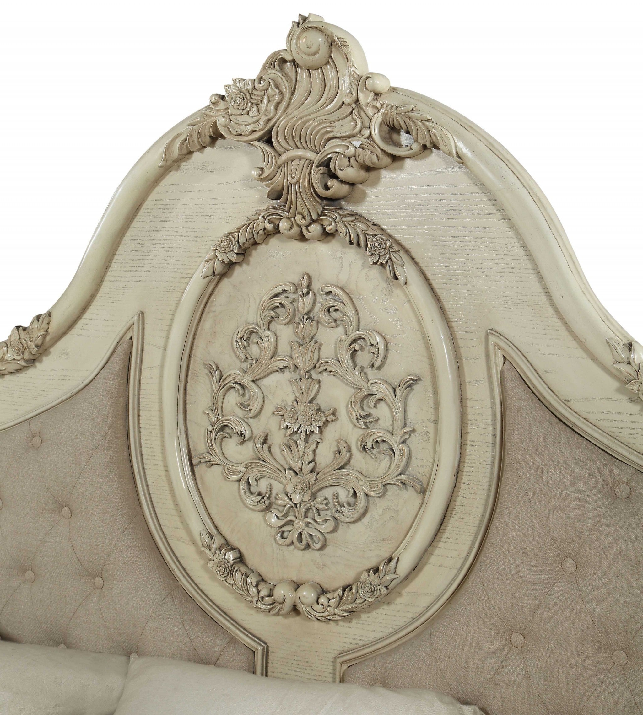 Queen Tufted Beige Upholstered Linen Bed With Nailhead Trim