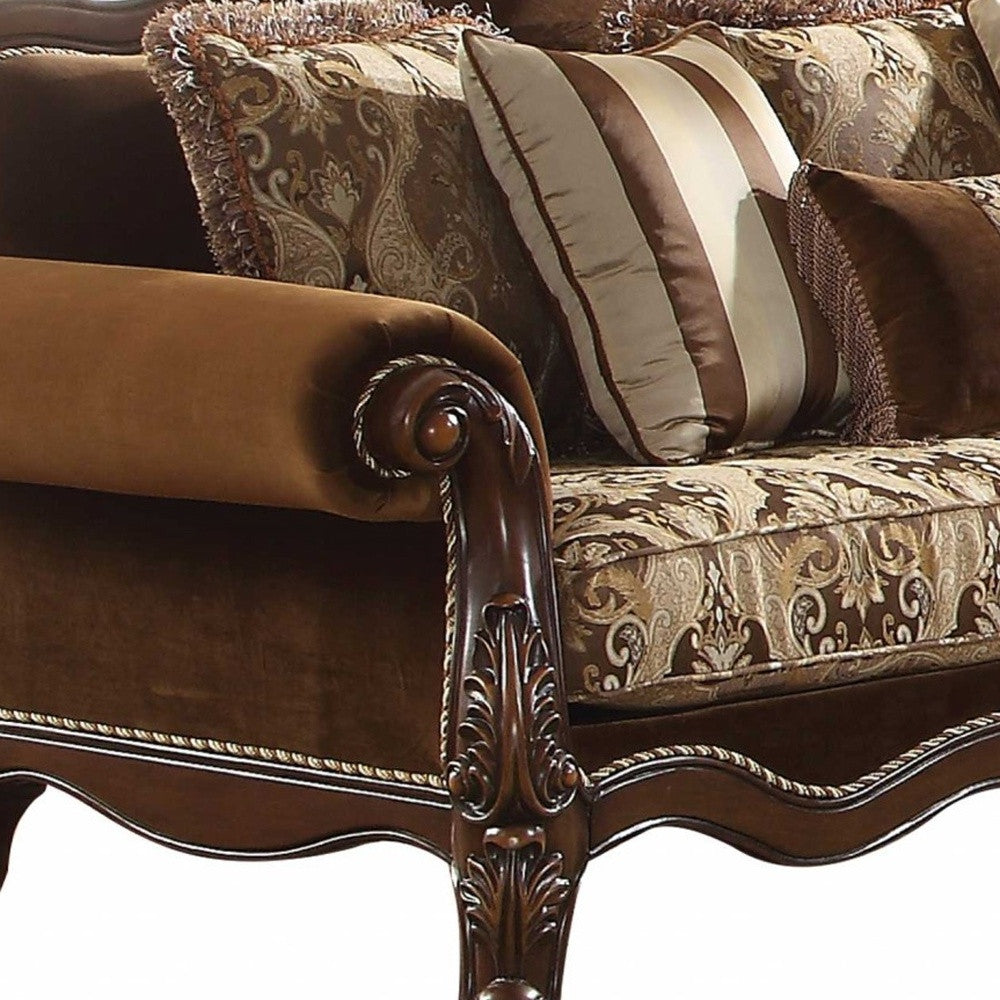 37" Oak Velvet Floral Sofa And Toss Pillows With Espresso Legs