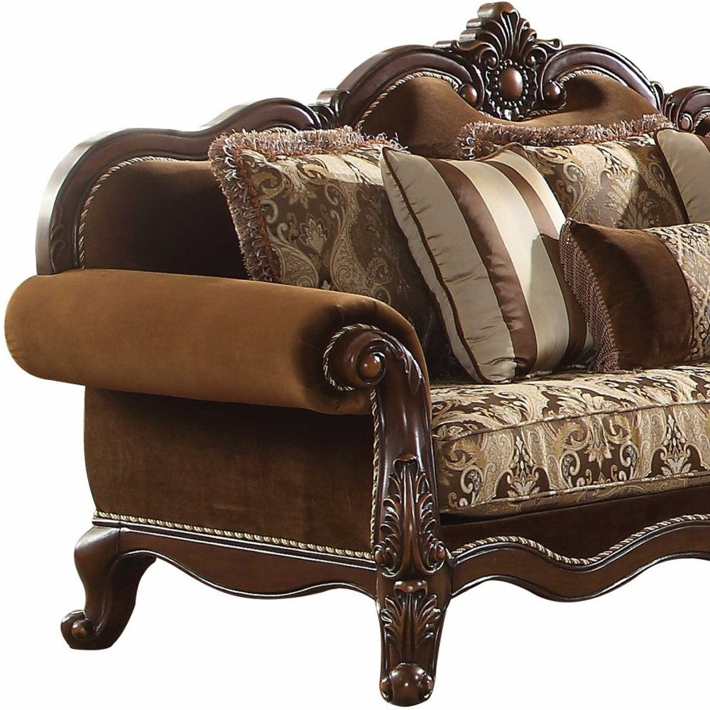 37" X 89" X 46" Fabric Cherry Oak Upholstery Wood LegTrim Sofa w6 Pillows