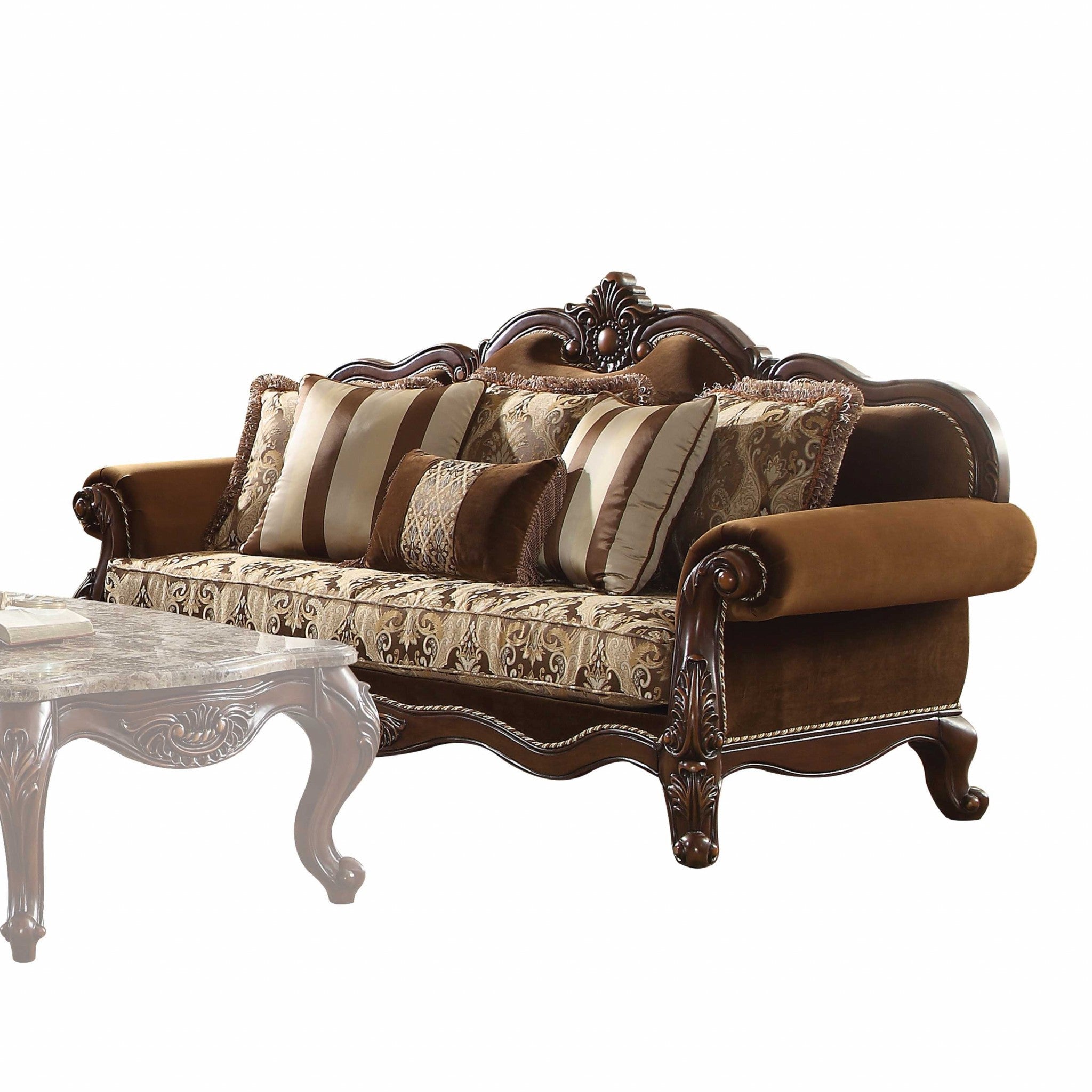 37" Oak Velvet Floral Sofa And Toss Pillows With Espresso Legs