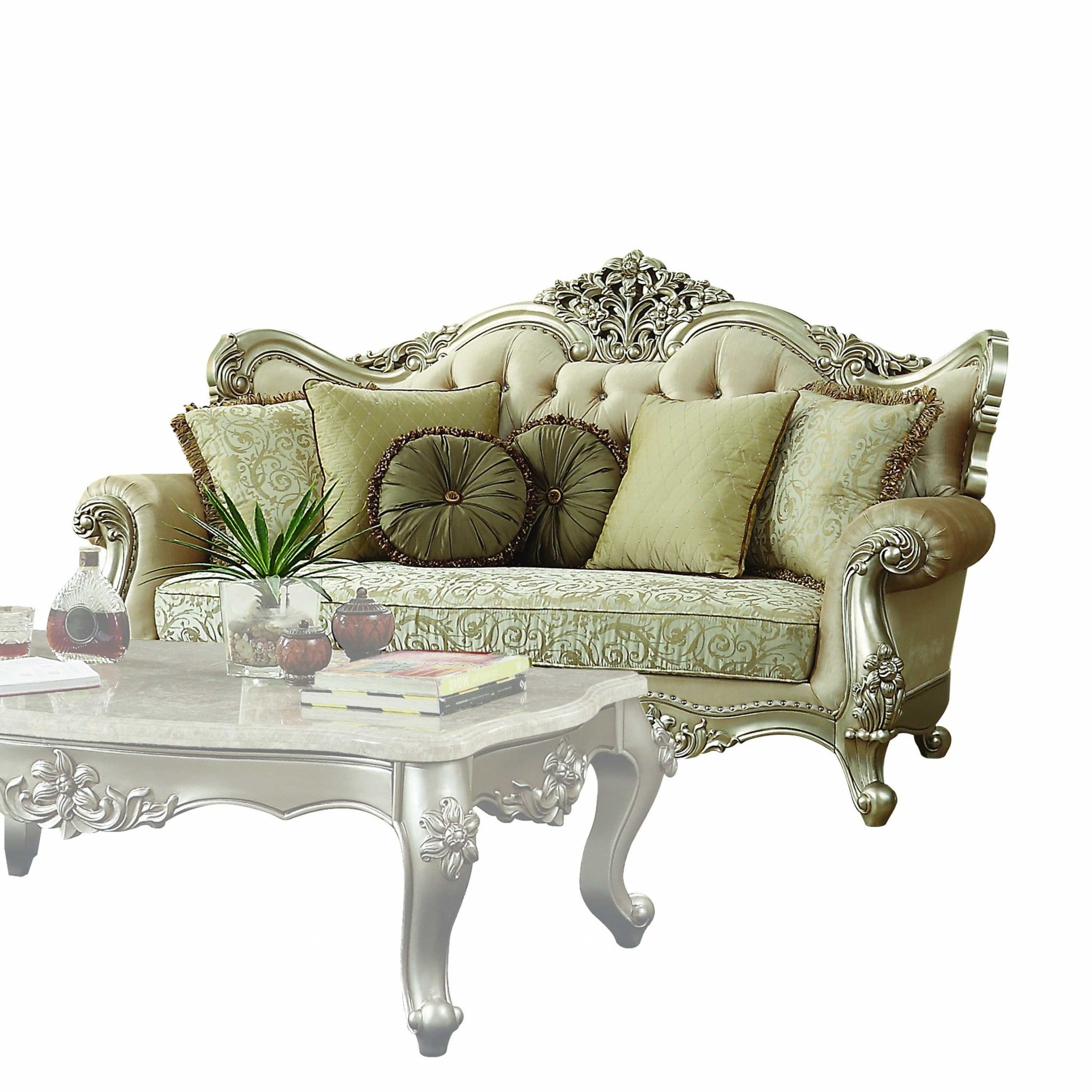 41" Light Green Velvet Curved Floral Sofa And Toss Pillows