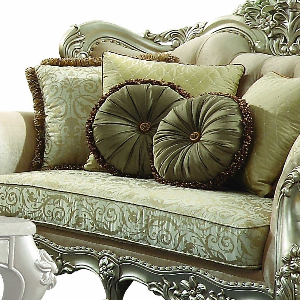 72" Green And Light Green Polyester Blend Damask Chesterfield Loveseat and Toss Pillows