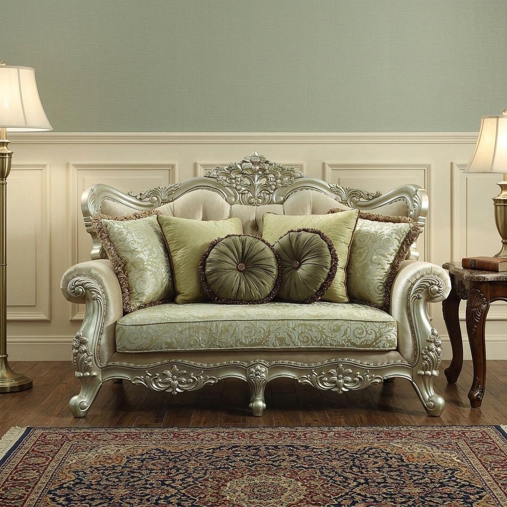 72" Green And Light Green Polyester Blend Damask Chesterfield Loveseat and Toss Pillows