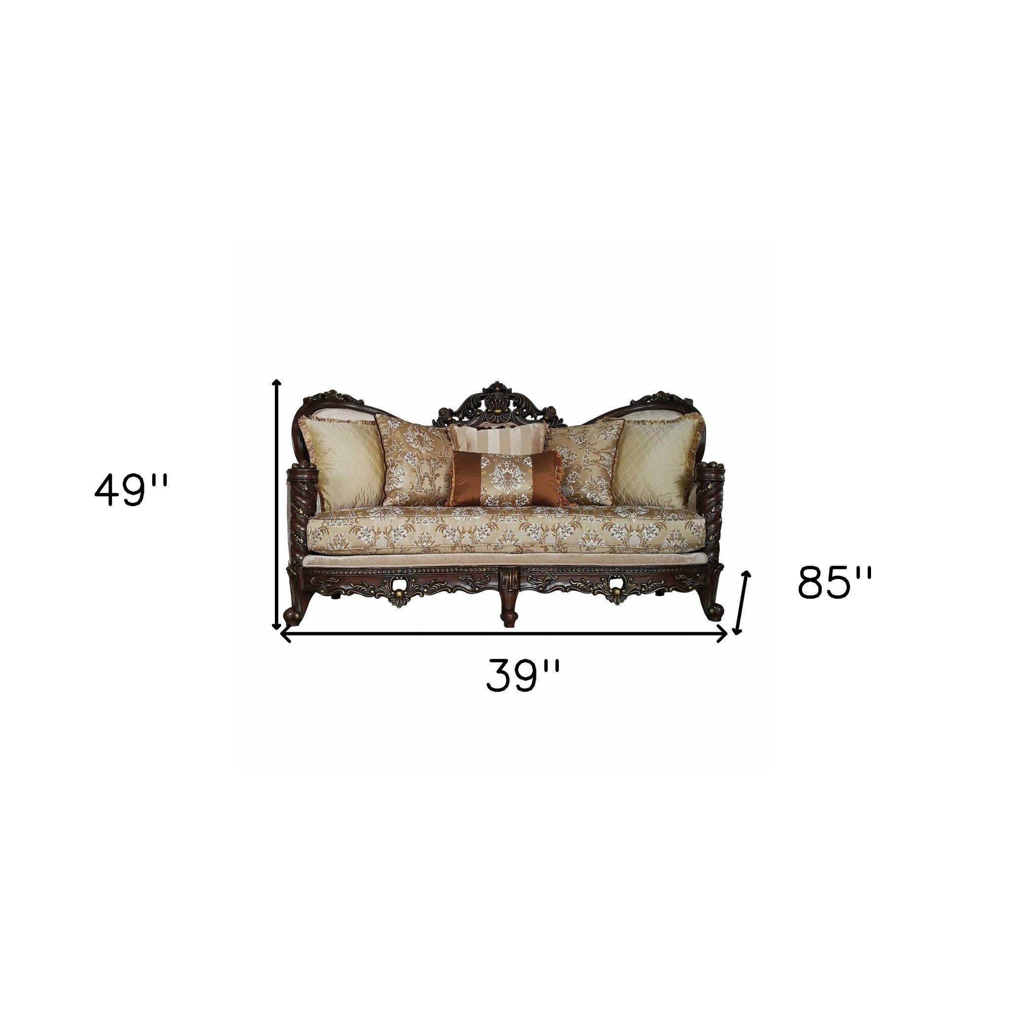 39" Beige Floral Sofa And Toss Pillows With Dark Brown Legs