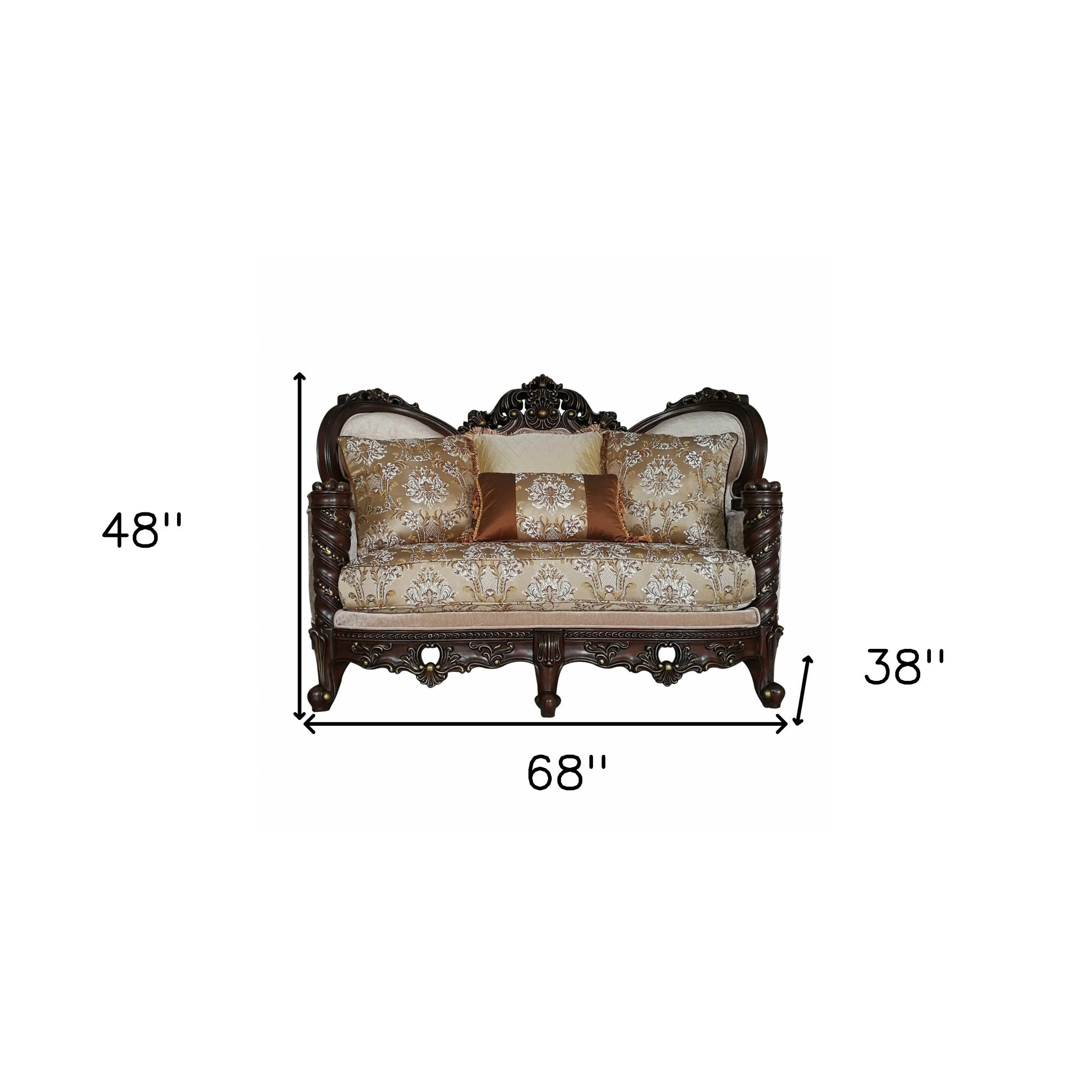 68" Cream And Brown Polyester Blend Damask Chesterfield Loveseat and Toss Pillows