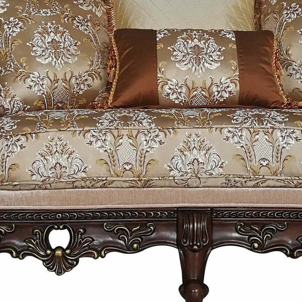 68" Cream And Brown Polyester Blend Damask Chesterfield Loveseat and Toss Pillows